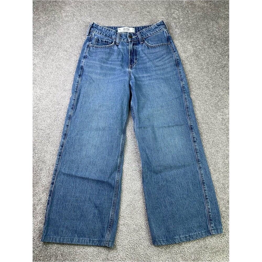 Hollister Jeans Women's 25 Short Blue Baggy Wide Leg High Rise Medium Wash Denim